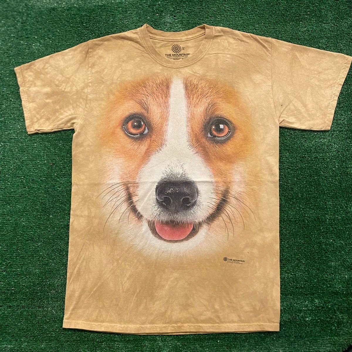 The Mountain Corgi Big Face Print T-Shirt Tan Tie Dye Cute Dogs