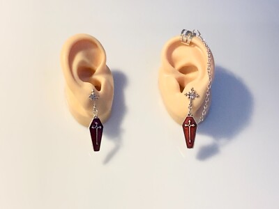 Red Blood Coffin Earrings Jewelry Sold as Pair Ear Cuff Punk Piercing Req'd Goth