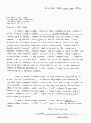 1965 contract signed DENNIS LYNDS for Brett Halliday of a MIKE SHAYNE story.