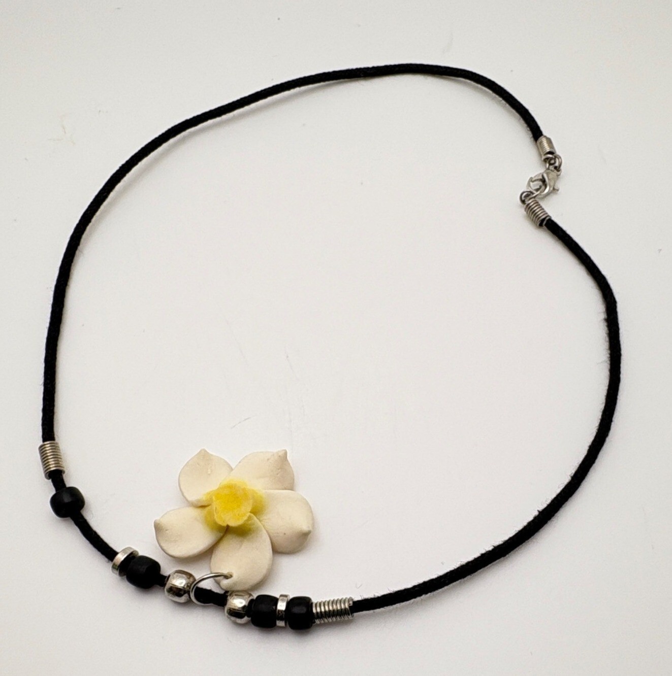 Hawaii Fimo Clay White Flower Pendant Necklace Choker Black Cord