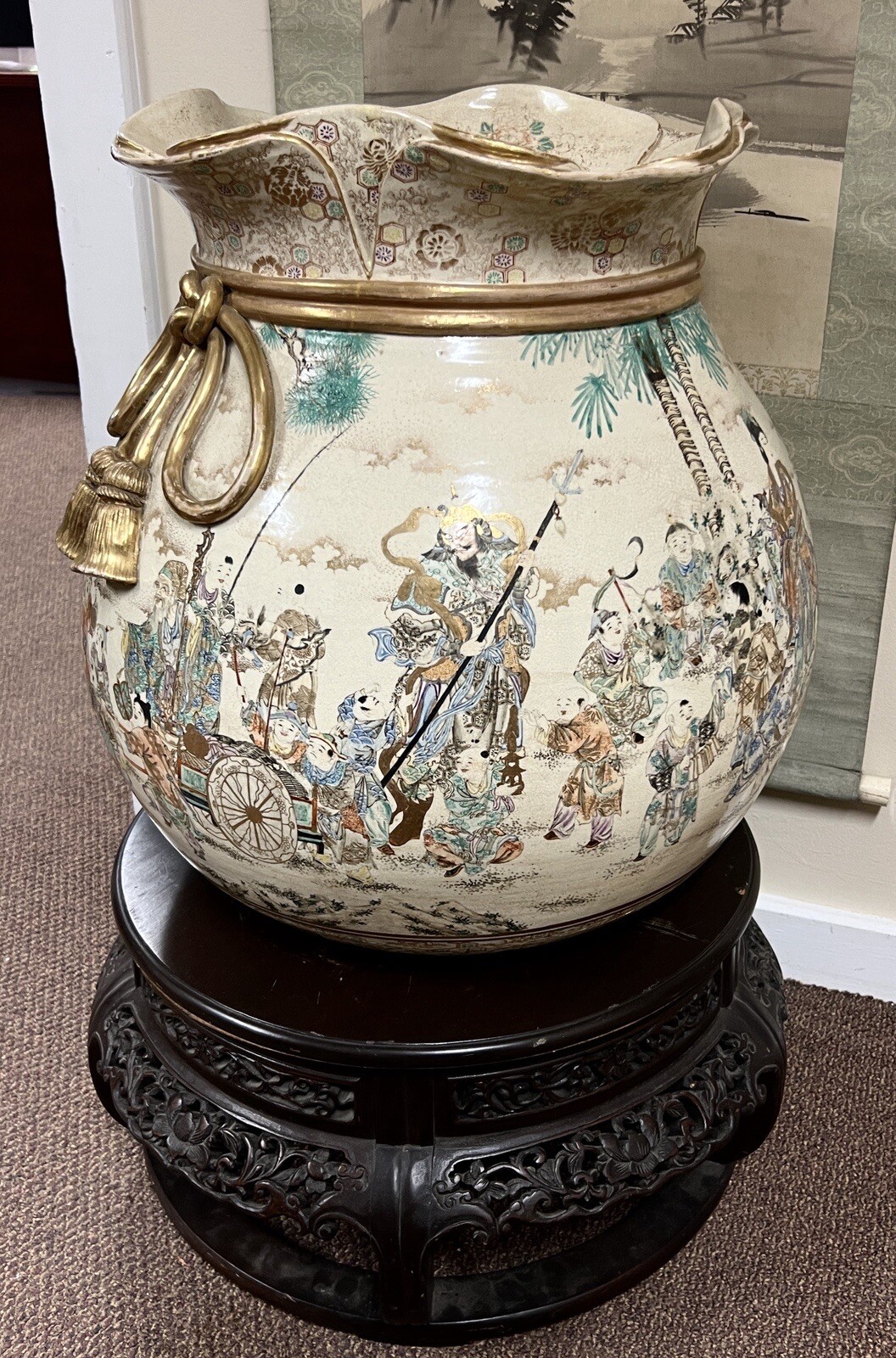 Massive Antique Japanese Satsuma Floor Vase Jar With Wood stand eBay