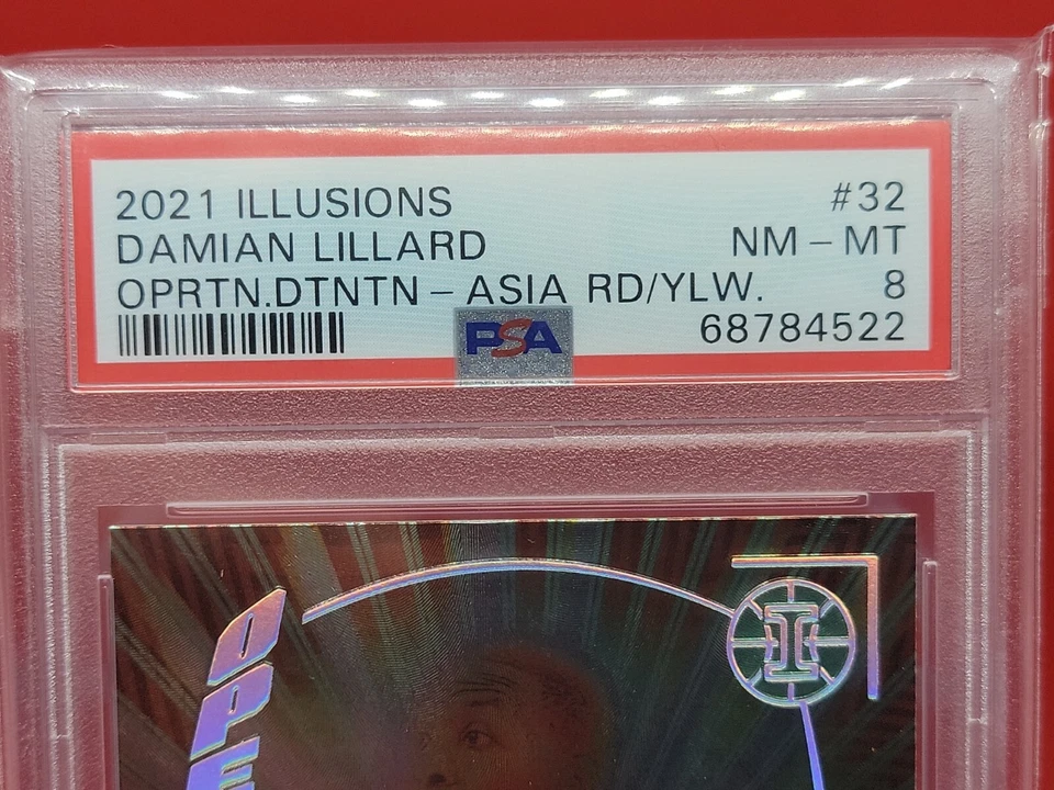 Damian Lillard 2021 Panini Illusions OPRTN.DTNTN ASIA Red Yellow #32 PSA 8 - Image 3 of 4
