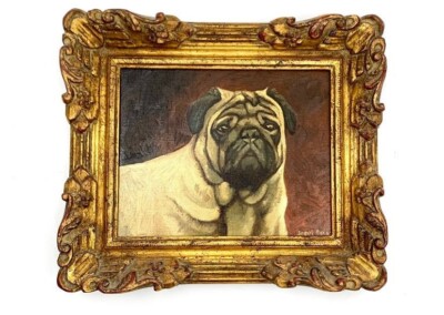 Painting Pug Dog Oil On Canvas in Golden Leaf Frame Vintage Art Decor