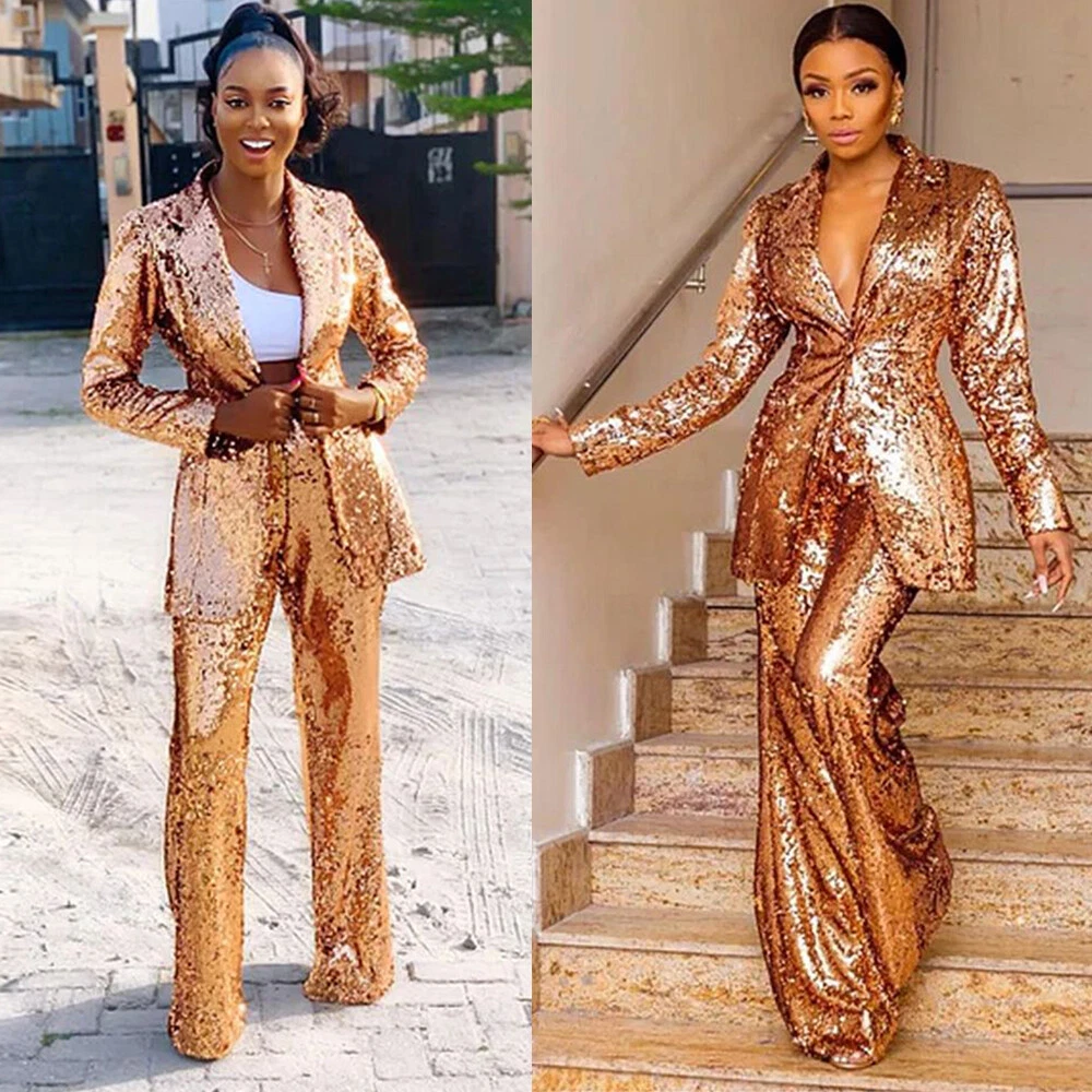 Sparkly Gold Sequins Women's Suits 2 Pieces Wedding Evening Party Wear Blazers - Picture 1 of 8
