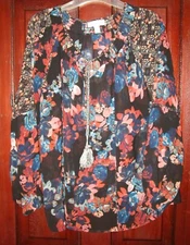 Vintage America L ADA Top Shirt Blouse Floral Print Keyhole Ties Tassels Chiffon