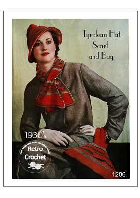 30er Jahre Damen Tiroler Mütze, Schal und Tasche Vintage Häkelanleitung