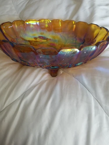Vintage, Mid Century Indiana Glass Large Amber Footed Oval Harvest Fruit Bowl