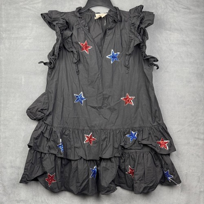 #ad Fantastic Fawn Black Sequin Star Ruffle Dress L $39.98