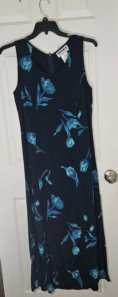 Maxi Vestido Vintage Años 90 Y2K Studio I Talla 12 Sin Mangas Azul Marino Floral  Foto 2 de 4