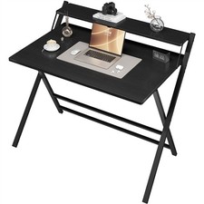 2-Tier Foldable Computer Desk with Monitor Shelf for Home, Office Black