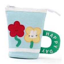 Kawaii Cup-Shaped Pencil Case, Standable Pen Pouch Cute Applique Blue