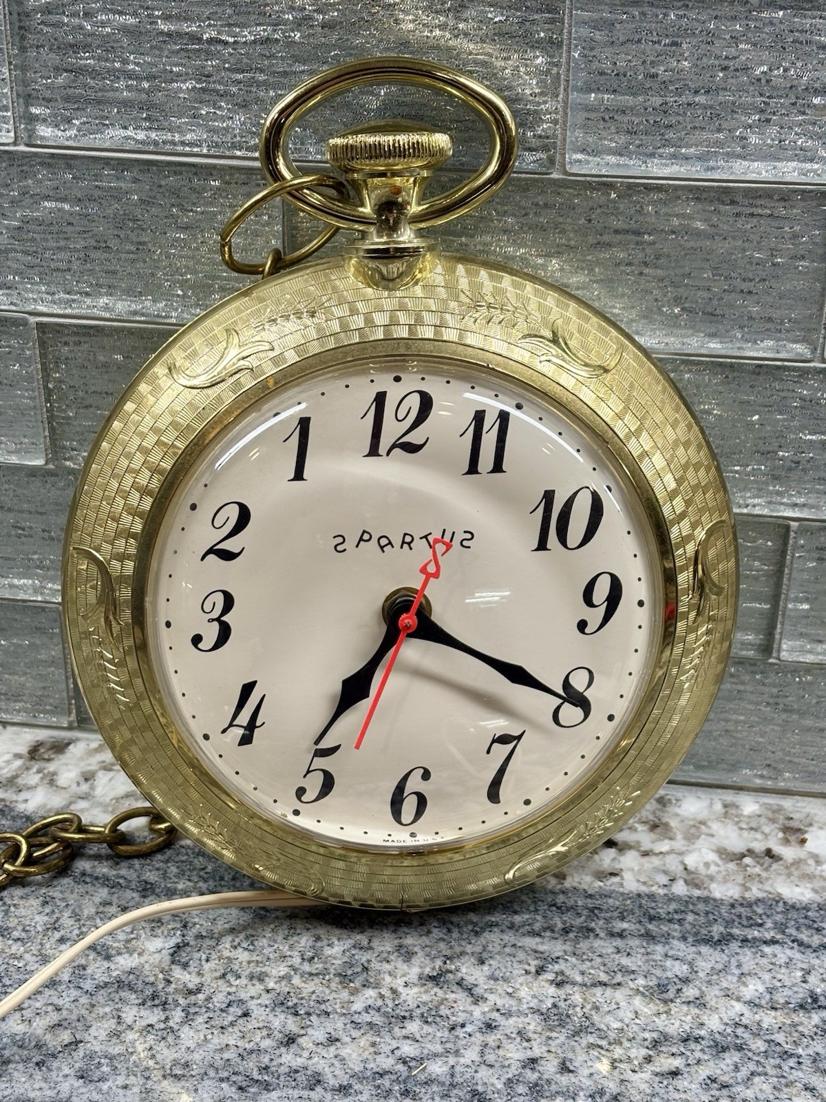 SPARTUS Novelty Bar Wall Clock Runs Backwards Pocket Watch Style 9x14” Works!