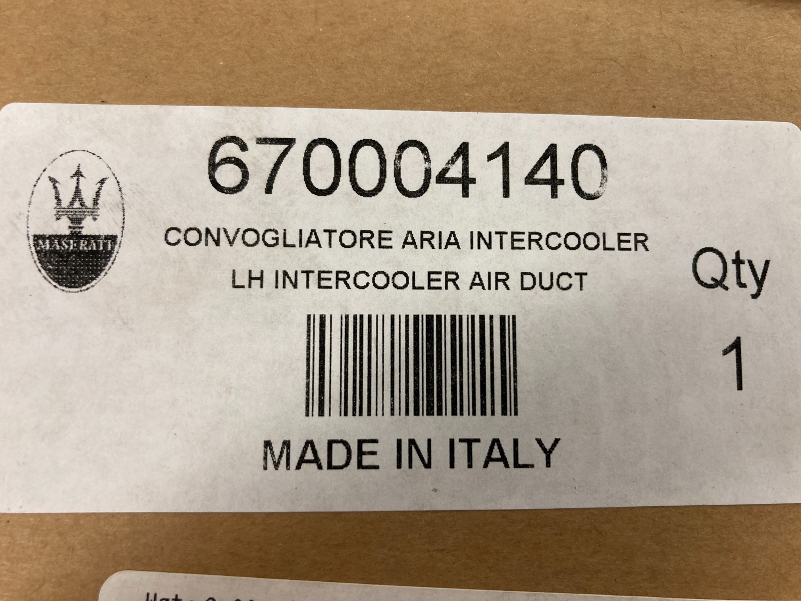 OEM Maserati Left-Hand Intercooler Air Duct, Ghibli, 670004140