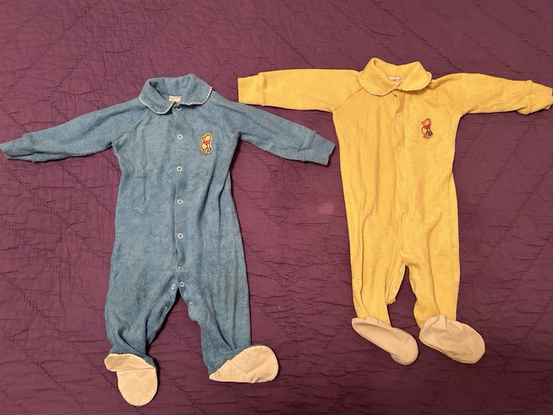 2 Vintage Disney Winnie The Pooh Sleeper 12 Month Baby Blue Yellow Terrycloth