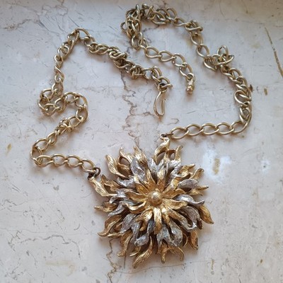 Vintage Statement Floral Pendant Necklace, Gold Tone, Unmarked