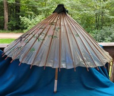 Gorgeous Vintage Japanese Bamboo Paper Parasol Umbrella Collectible Pink Flowers