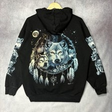 Wild Wolf Dreamcatcher Hoodie Black All Over Print Men's Size XL (Fits L)