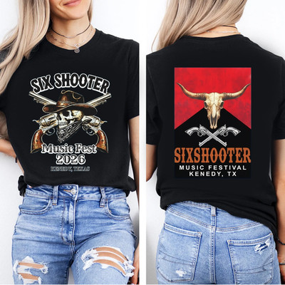 Six Shooter Music Fest 2026 T-Shirt Kenedy TX Skull Cowboy Double Sided Graphic
