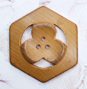 Large Vintage Carved Pierced Hexagon 3-Hole Wood Button ~ 1-9/16" by 1-7/16"