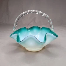Hand Blown Art Glass Basket Bowl Teal White Ruffled Edge Clear Twisted Handle