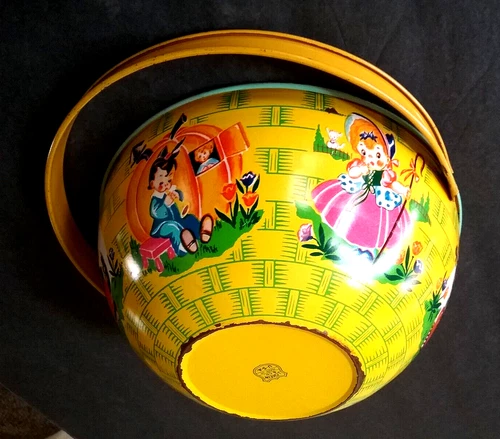 "J CHEIN" VINTAGE 1950's TIN TOY BASKET HOLIDAY CHILDREN'S STORY CHARACTERS