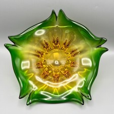Murano Large Centrepiece Bowl Amber Green Heavy 10 Inches Vintage Mid Century 