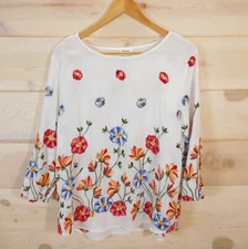 Kindred Women's size L Embroidered Top Blouse Floral White Colorful Semi-Sheer