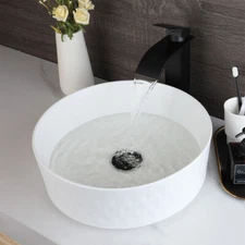White Bathroom Vessel Sink Set Round Ceramic Vanity Basin Black Drain Mixer Tap