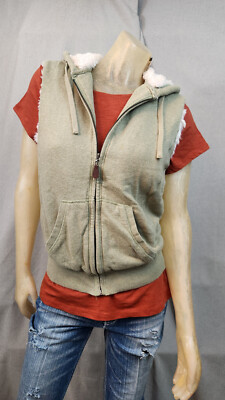 Green Tea USED SMALL Sage Green Hooded Sleeveless Front Zip Vest Jacket Womens