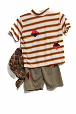 Boys White Brown Striped Short Sleeve T-Shirt  Gray Shorts Polyester Size M