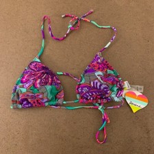 Raisins Womens Shirred Up Slide Bikini Swim Top Purple Floral Stretch L New
