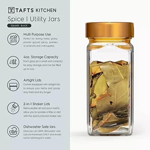 Tafts Square Glass Spice Jars & Bottles L 33% Thicker - 12 Pcs Glass Spice - 3 oz or 4oz Empty Glass Spice Seasoning Containers L Shaker Lids and