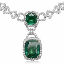 LARGE 24.9CT DIAMOND & CUSHION AAA EMERALD 18K 2TONE GOLD LARIAT TENNIS NECKLACE