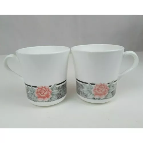 Vtg Corning Corelle Silk Roses Coffee Mug Cup Black Pink Flowers Roses Set of 2