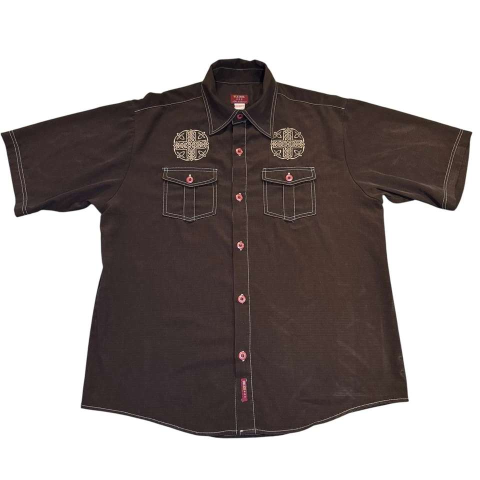 Vintage BC Ethic Men’s XL Brown Camp Shirt Celtic Cross USA Made Embroidered - Image 2 of 4