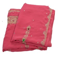 Sanskriti Vintage Indian Sarees Georgette Hand Bead Pink Craft Fabric Zari Sari