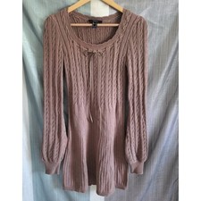 Mauve Brown Cable Knit Lantern Sleeve Sweater Dress M Light Academia Coquette