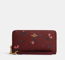 Coach LunarNew Year Long Zip Around Wallet Holiday Bells Print Wine Black Cherry