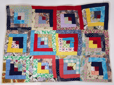 Vintage Patchwork Quilt Log Cabin Pattern Baby Hand Stitched Blanket 42x30 READ