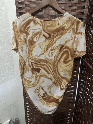 Thread Times Top Swirl Print Mesh Ruched Short Sleeve