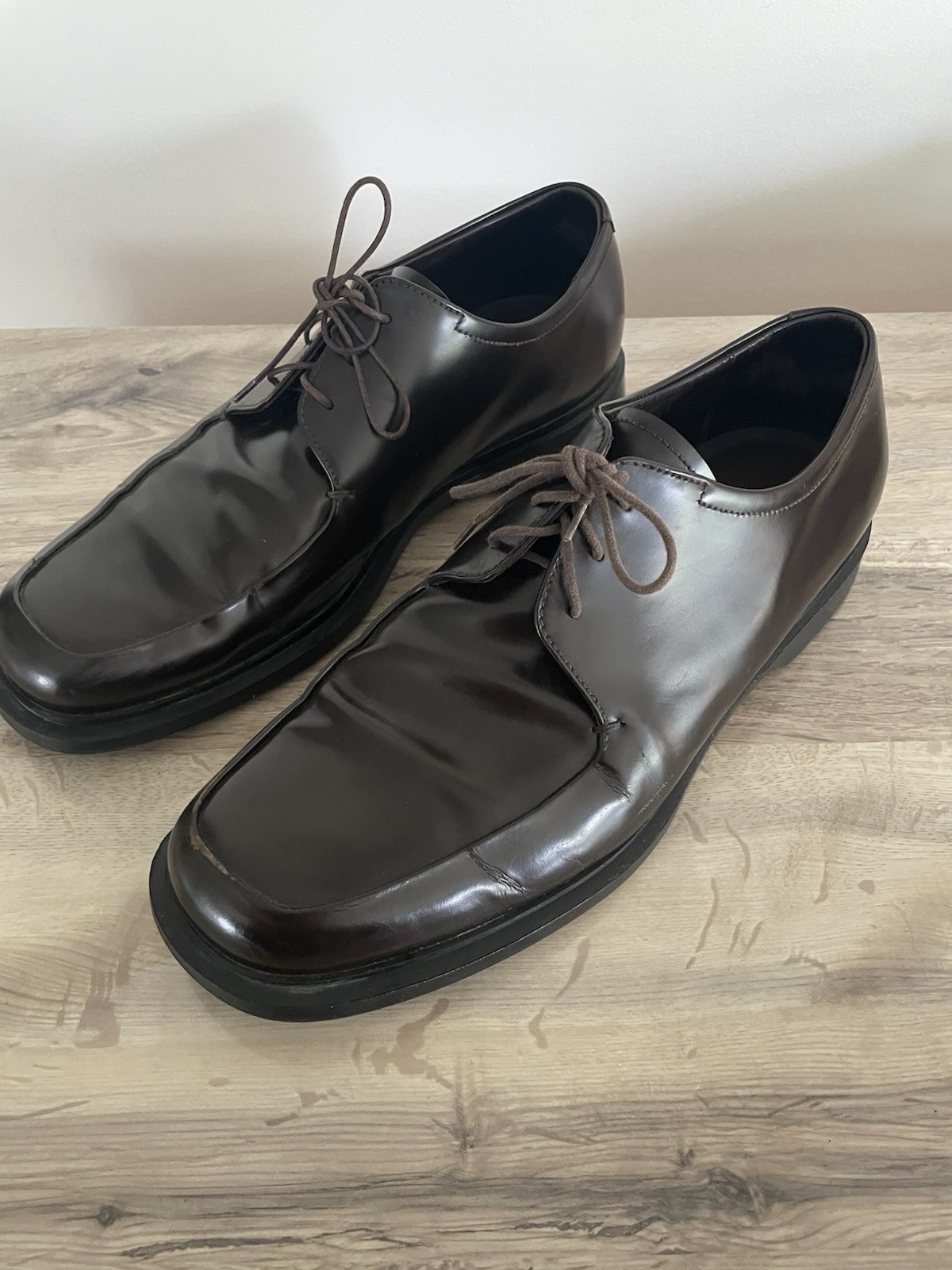 Prada Mens Brown Leather Derby Loafers Dress Shoes UK 9.5 US 10.5 Square Toe