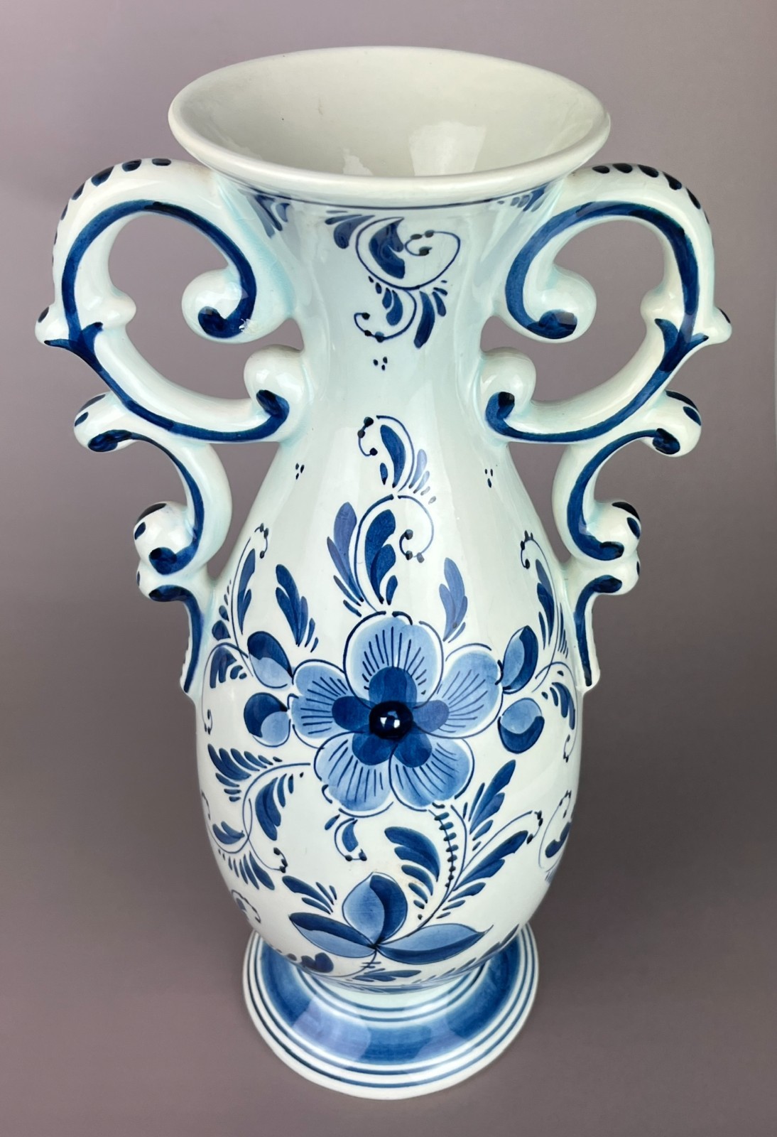Vintage Delft Blue White Double Handled Vase Hand Painted Floral 33cm image 5