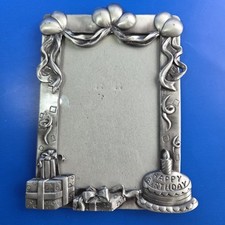Happy Birthday Picture Frame Balloons Cake Presents Silver Tone Metal 6 x 4