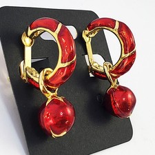 Vintage RED ENAMEL Hoop with Sliding Ball Gold Tone CLIP Earrings 1.5"