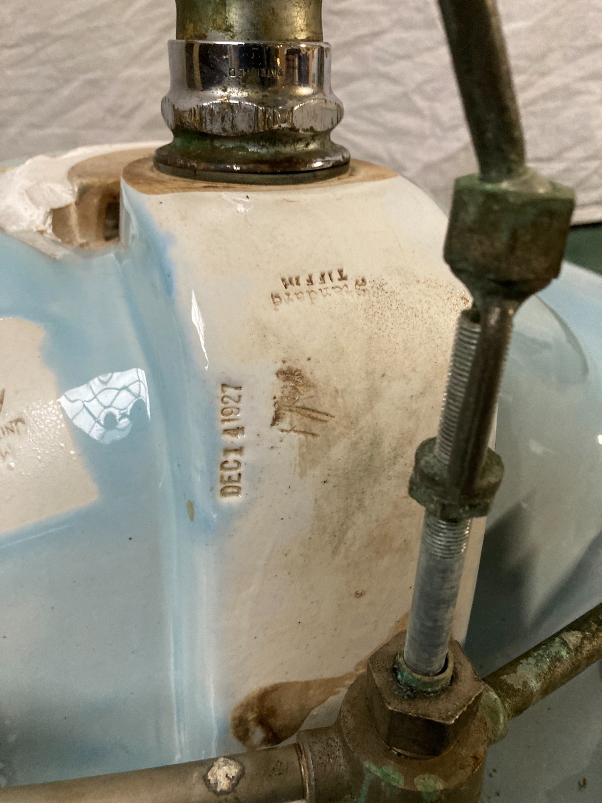 Antique 28x22 Light Blue Ceramic Pedestal Sink Old Vtg Standard 422-25E