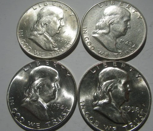 4 Silver Franklin Half Dollars 1948, 1950-D, 1954, 1958-D, 3 Are BU