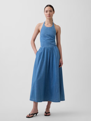 slim fit dress slacks Downtown Darling Denim Halter Mini Dress Medium main image 0