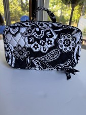 Vera Bradley Makeup Organizer Bag Large Black White Paisley Two Compartments Zip