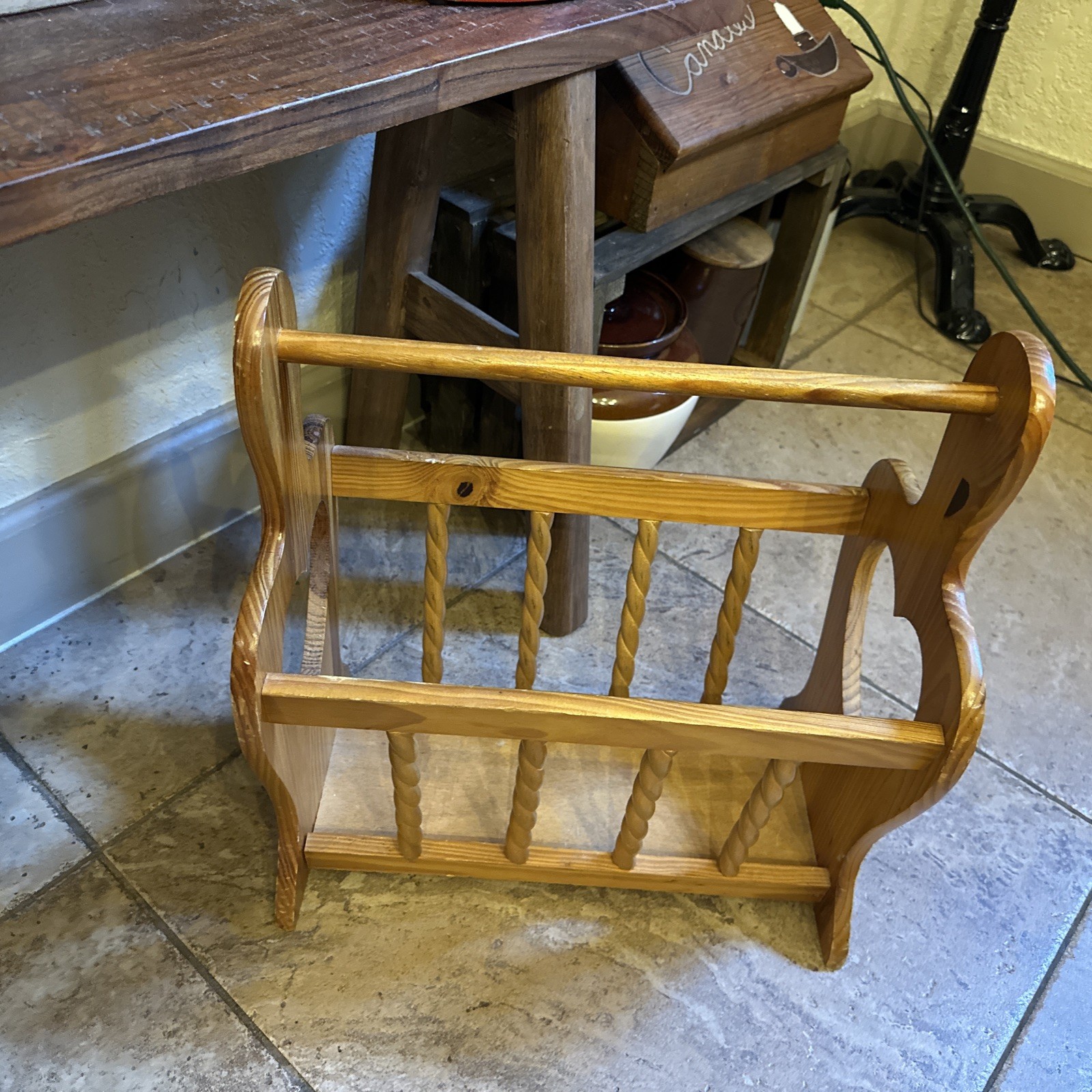 Vintage Wood Magazine Rack with Heart Cutouts