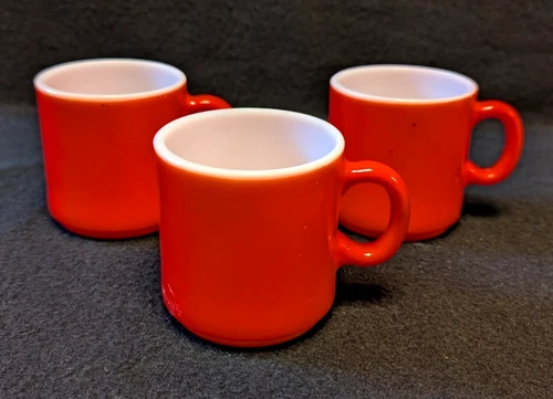 Mid Century Vintage Hazel-Atlas Milk Glass Red Fired Finish Stackable Mug Set 3